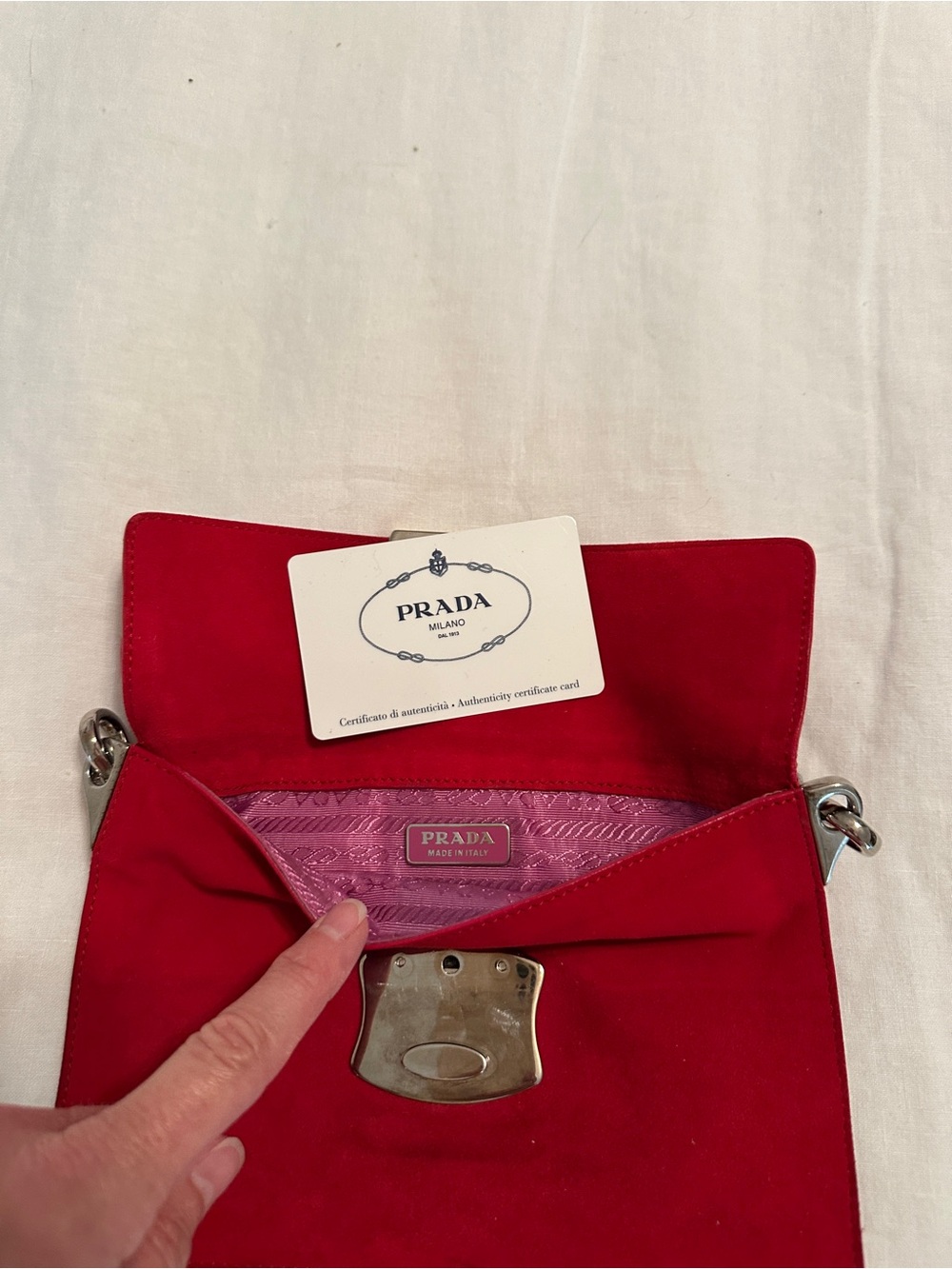 Prada Red Suede Mini Shoulder Bag with Silver Chain - Picture 2 of 7